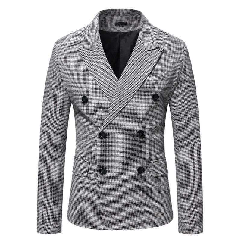 Elegante Herenkostuums Vintage Geruite Jurk Met Dubbele Rij Knopen Voor Heren Formele Blazers - Grijs