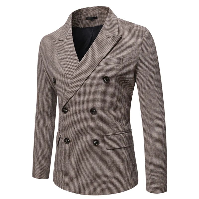 Elegante Herenkostuums Vintage Geruite Jurk Met Dubbele Rij Knopen Voor Heren Formele Blazers - Grijs