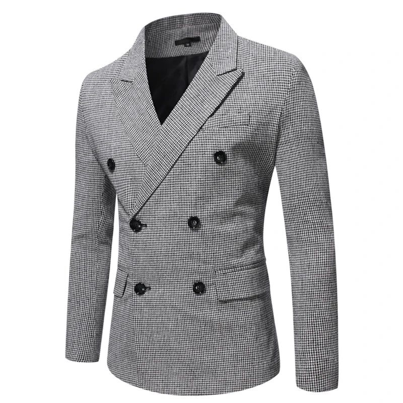 Elegante Herenkostuums Vintage Geruite Jurk Met Dubbele Rij Knopen Voor Heren Formele Blazers - Grijs