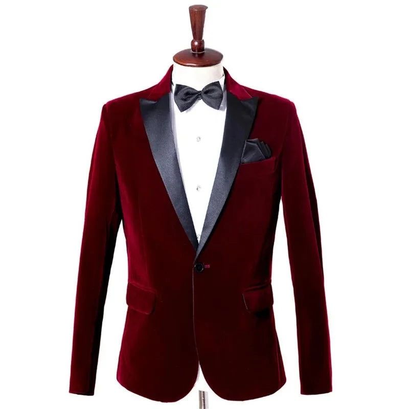 Heren Blazer Fluweel Single Breasted Jasje Formele Bruidegom Tuxedo Slanke Bruiloft Jurk Business Casual Mannelijke Pak - Zwart