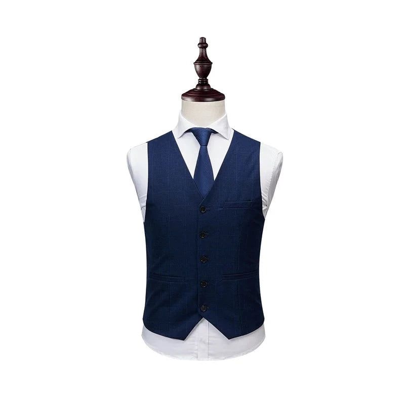 Jasje Broek Vest Mannen Business Slanke Pakken Sets Trouwjurk Heren Plaid Formele Slijtage - Blauw