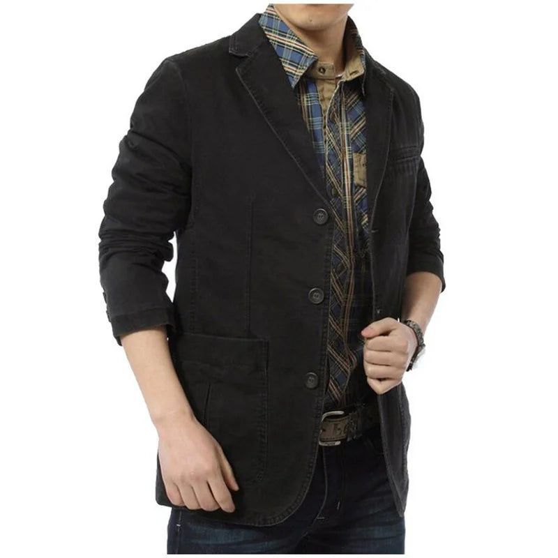 Lente Herfst Blazer Mannen Casual Katoenen Denim Jassen Slim Fit Luxe Pak Jas Militaire Uitloper - Zwart