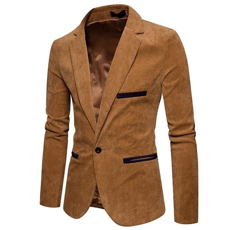 Nieuwe Casual Heren Blazer Corduroy Patchwork Business One Button Slim Fit Mannelijke Pakken Jas Blazers - Kaki