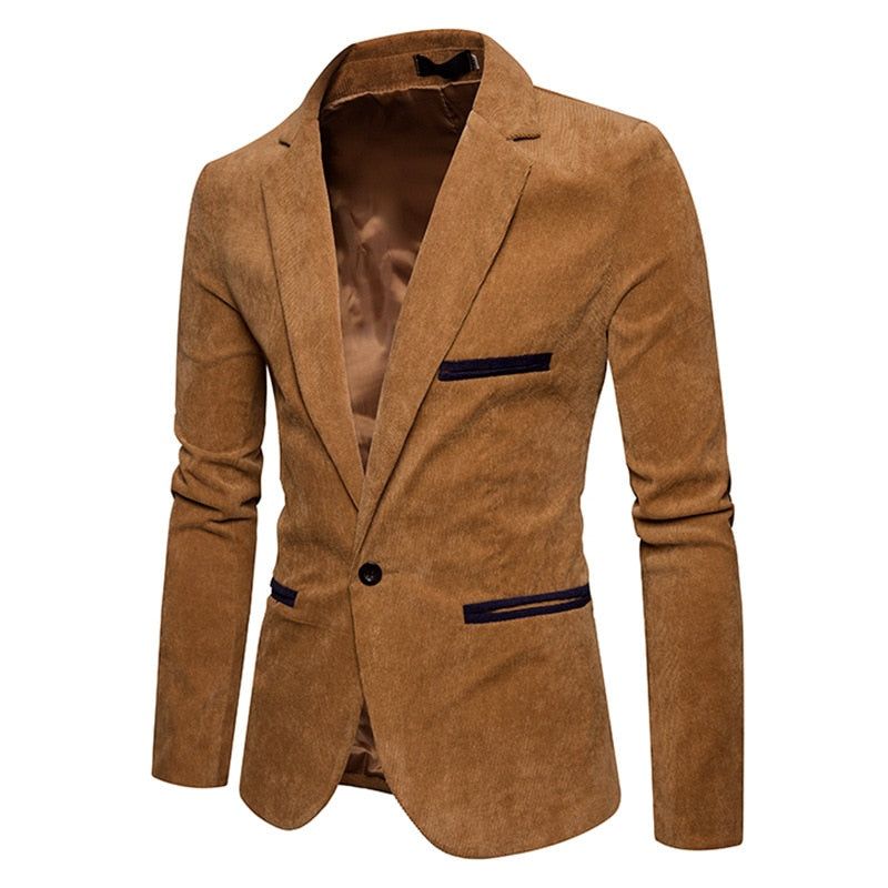 Nieuwe Casual Heren Blazer Corduroy Patchwork Business One Button Slim Fit Mannelijke Pakken Jas Blazers - Kaki