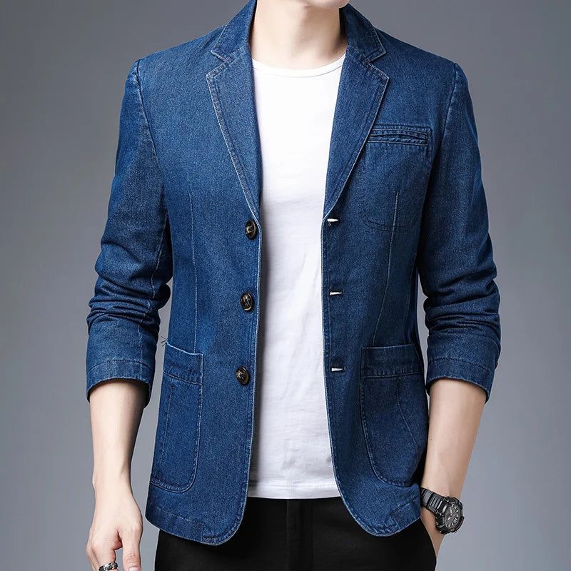 Vrijetijdsslanke Versie Voor Heren In Britse Stijl Van De Trendy Effen Denim Comfortabele Blazer - Zwart