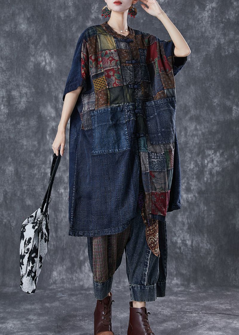 Art Navy Oversized Patchwork Denim Vesten Met Chinese Knopen Zomer