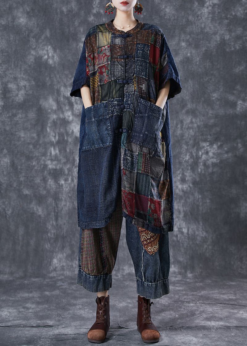 Art Navy Oversized Patchwork Denim Vesten Met Chinese Knopen Zomer - Dames cardigans