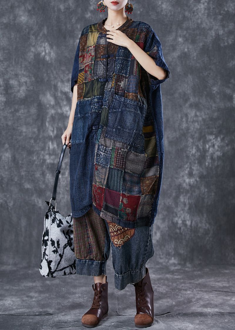 Art Navy Oversized Patchwork Denim Vesten Met Chinese Knopen Zomer - Dames cardigans