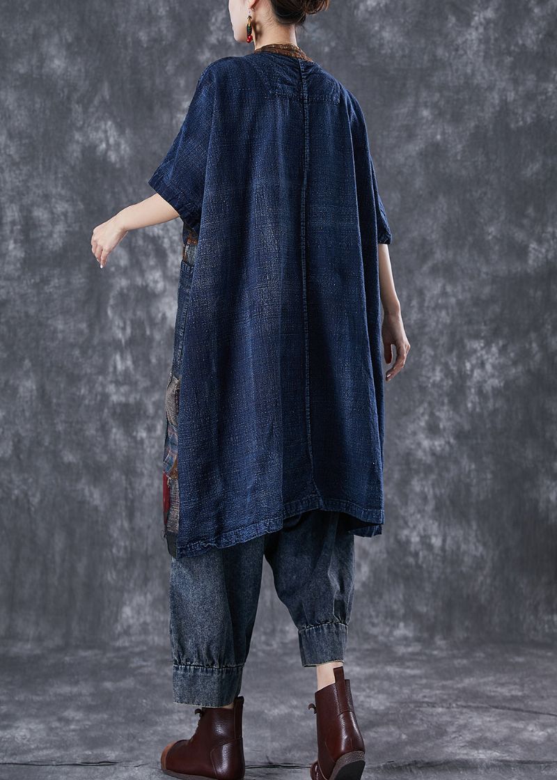 Art Navy Oversized Patchwork Denim Vesten Met Chinese Knopen Zomer - Dames cardigans