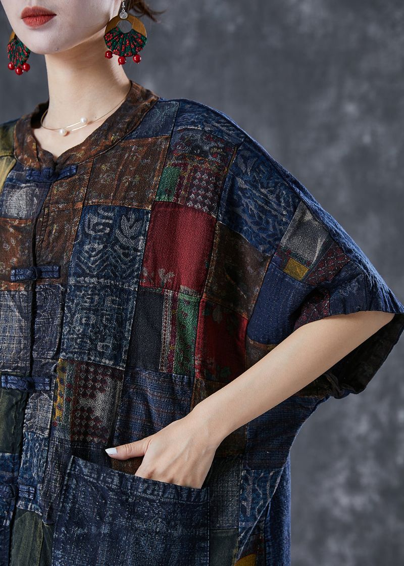 Art Navy Oversized Patchwork Denim Vesten Met Chinese Knopen Zomer - Dames cardigans