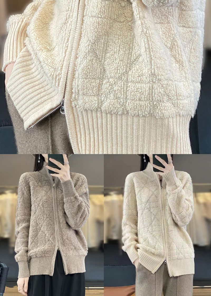 Beige Gezellige Patchwork Wollen Jassen Opstaande Kraag Met Lange Mouwen - Dames cardigans