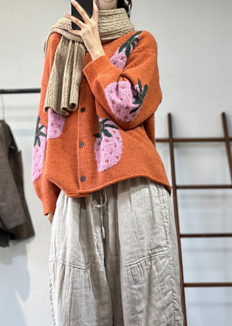 Biologische Oranje O-hals Jacquard Wollen Losse Vesten Met Vleermuismouw - Dames cardigans