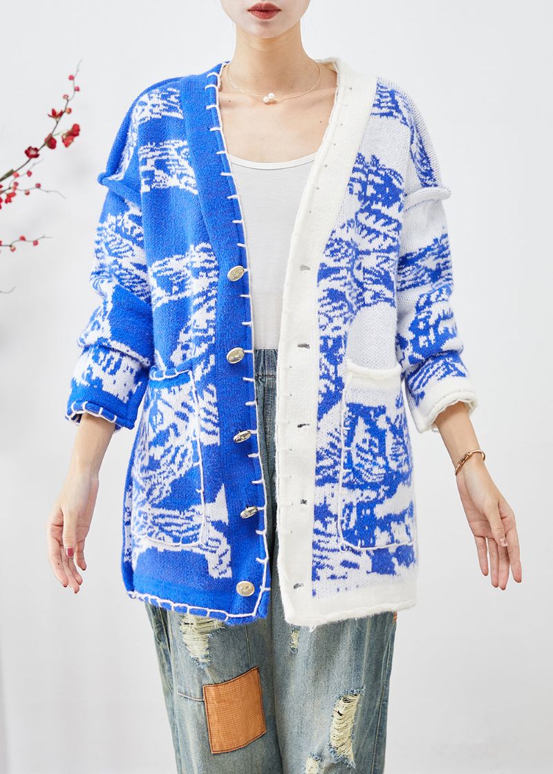 Blauw Tie-dye Gebreid Vest Asymmetrisch Button-down Herfst