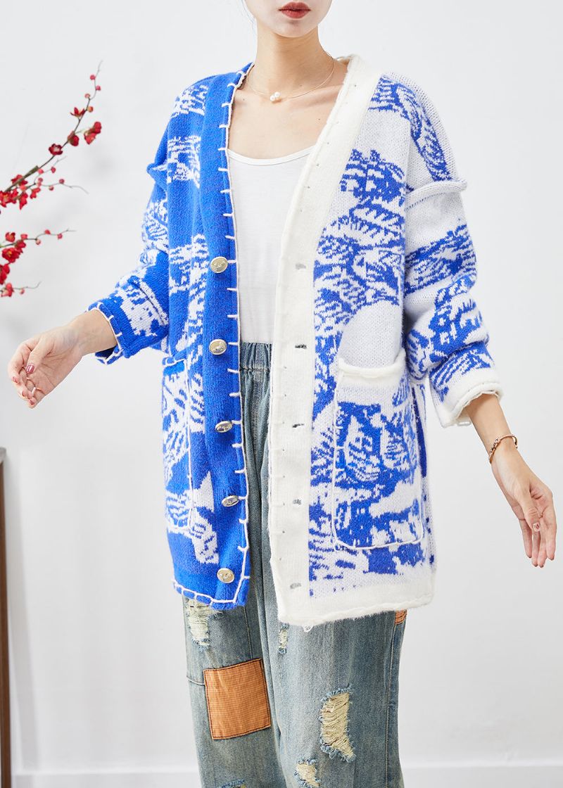 Blauw Tie-dye Gebreid Vest Asymmetrisch Button-down Herfst - Dames cardigans