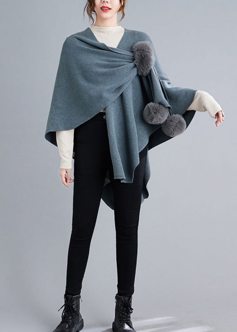 Blauwgrijs Patchwork Gebreide Capejassen Fuzzy Ball Asymmetrisch Herfst