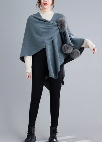 Blauwgrijs Patchwork Gebreide Capejassen Fuzzy Ball Asymmetrisch Herfst