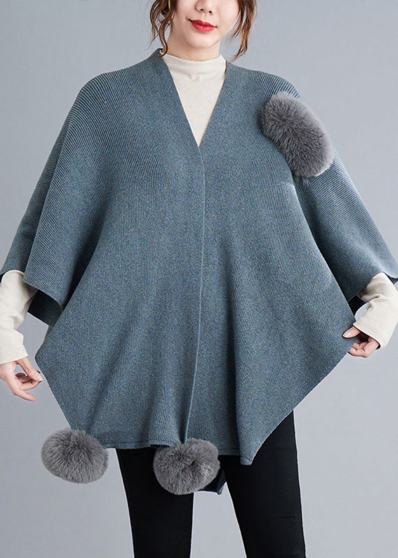 Blauwgrijs Patchwork Gebreide Capejassen Fuzzy Ball Asymmetrisch Herfst - Dames cardigans