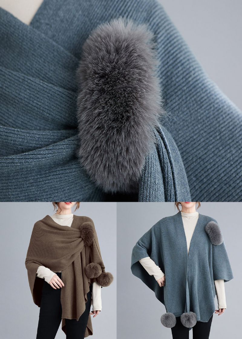 Blauwgrijs Patchwork Gebreide Capejassen Fuzzy Ball Asymmetrisch Herfst - Dames cardigans