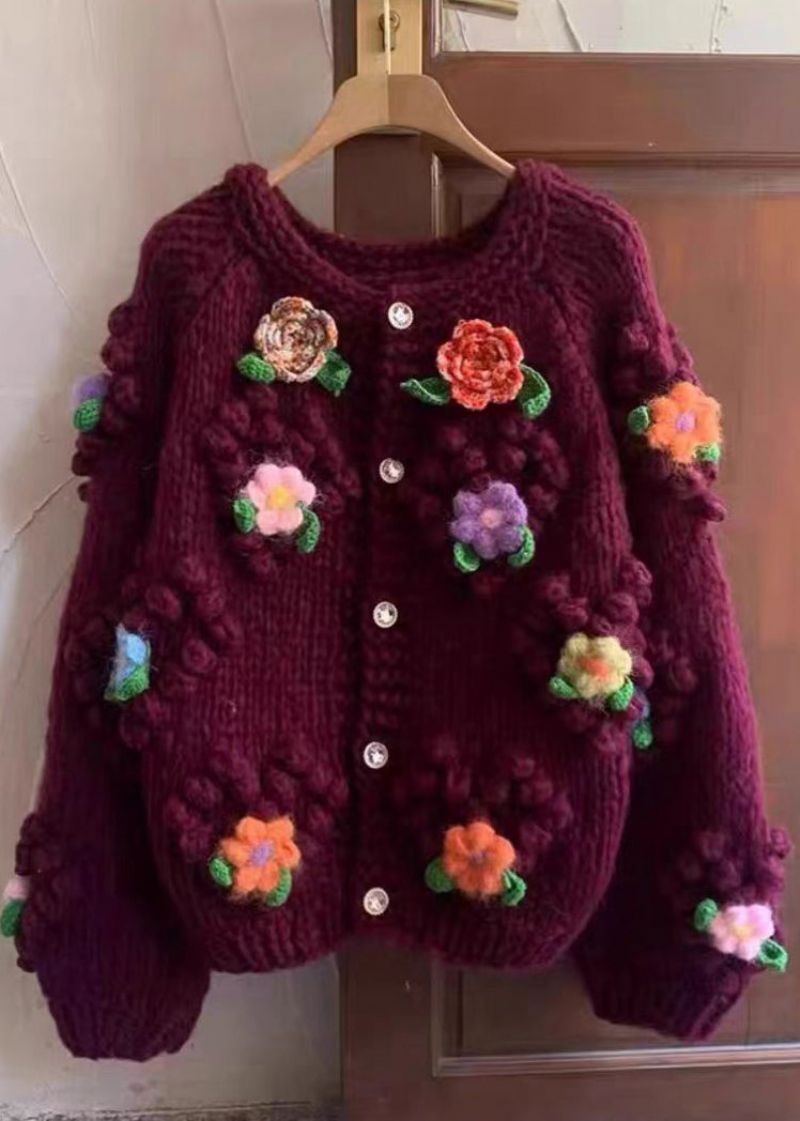 Bloemen Rode O-hals Knop Gezellige Katoenen Gebreide Jassen Met Lange Mouwen - Dames cardigans