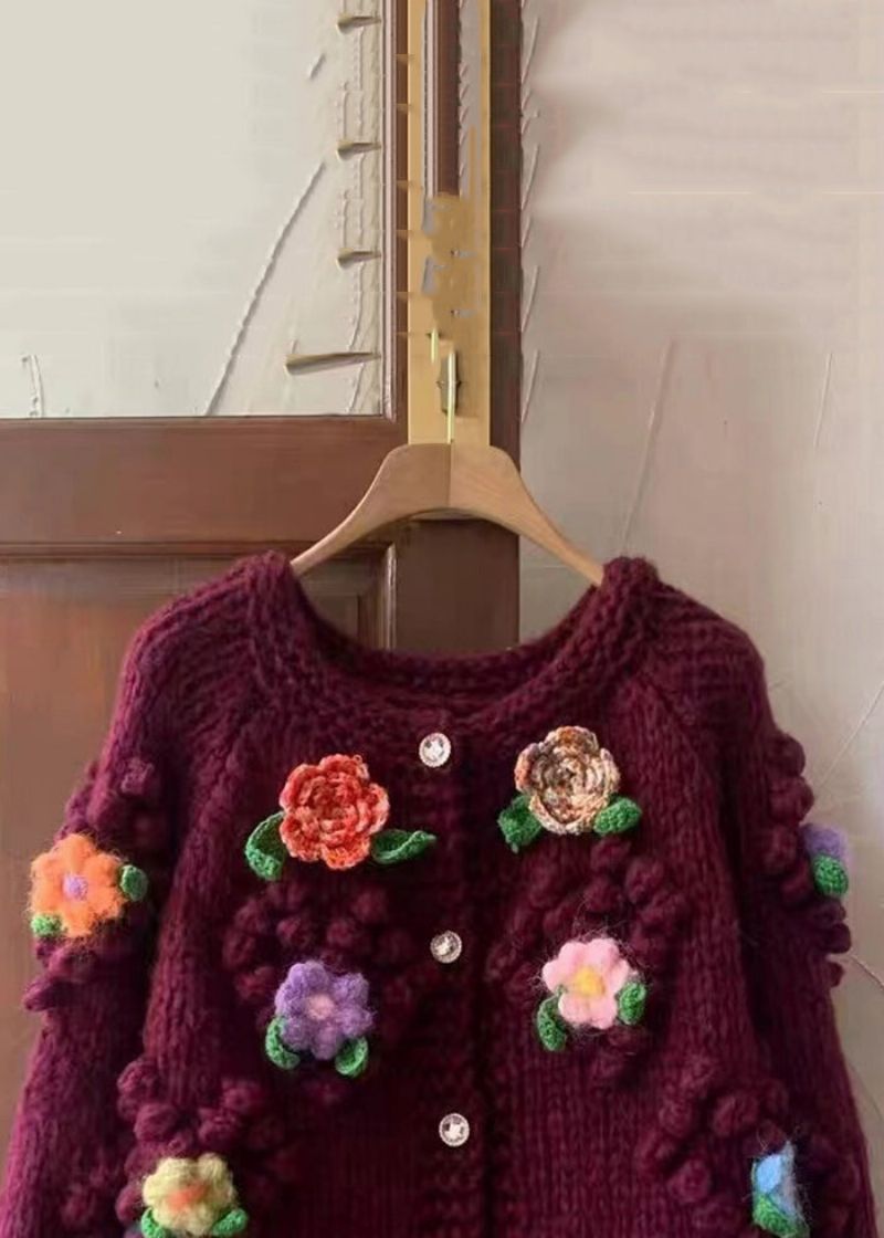 Bloemen Rode O-hals Knop Gezellige Katoenen Gebreide Jassen Met Lange Mouwen - Dames cardigans