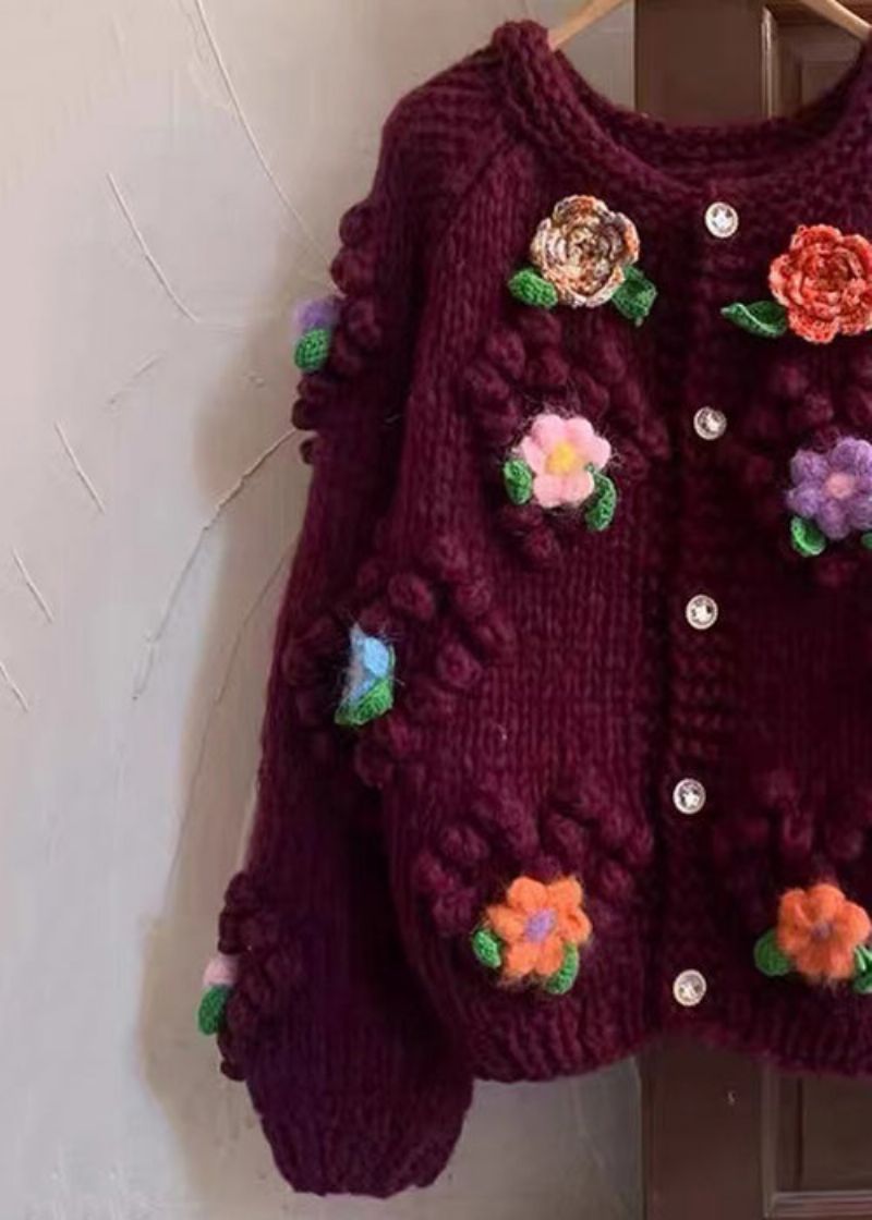 Bloemen Rode O-hals Knop Gezellige Katoenen Gebreide Jassen Met Lange Mouwen - Dames cardigans