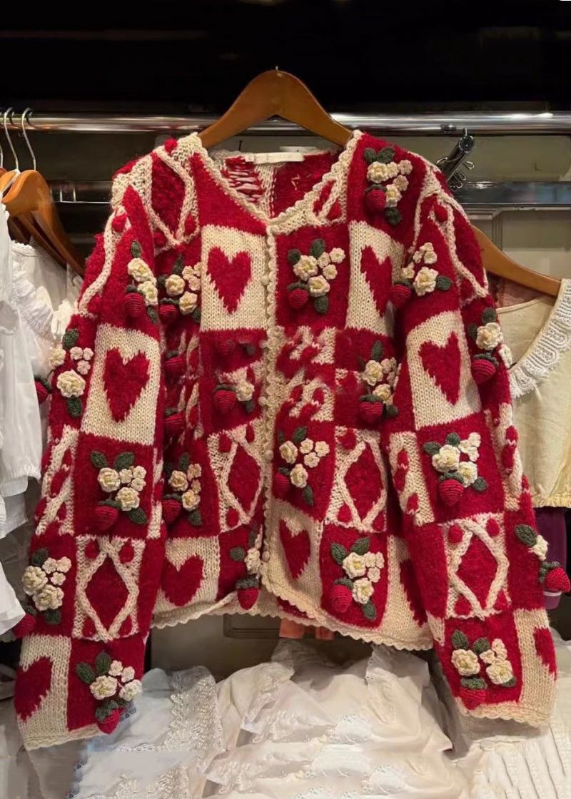 Bloemen Rood O-hals Knoop Patchwork Gebreid Vest Met Lange Mouwen