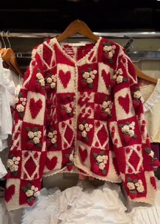 Bloemen Rood O-hals Knoop Patchwork Gebreid Vest Met Lange Mouwen