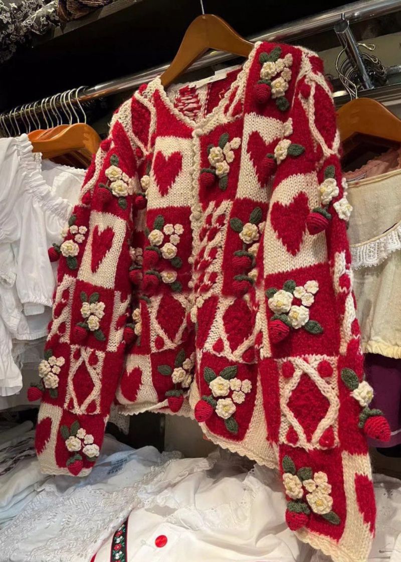 Bloemen Rood O-hals Knoop Patchwork Gebreid Vest Met Lange Mouwen - Dames cardigans