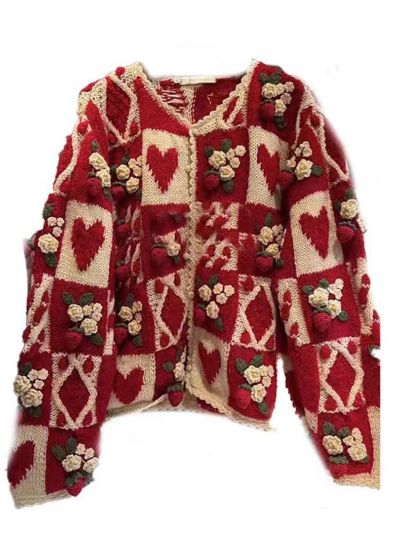 Bloemen Rood O-hals Knoop Patchwork Gebreid Vest Met Lange Mouwen - Dames cardigans