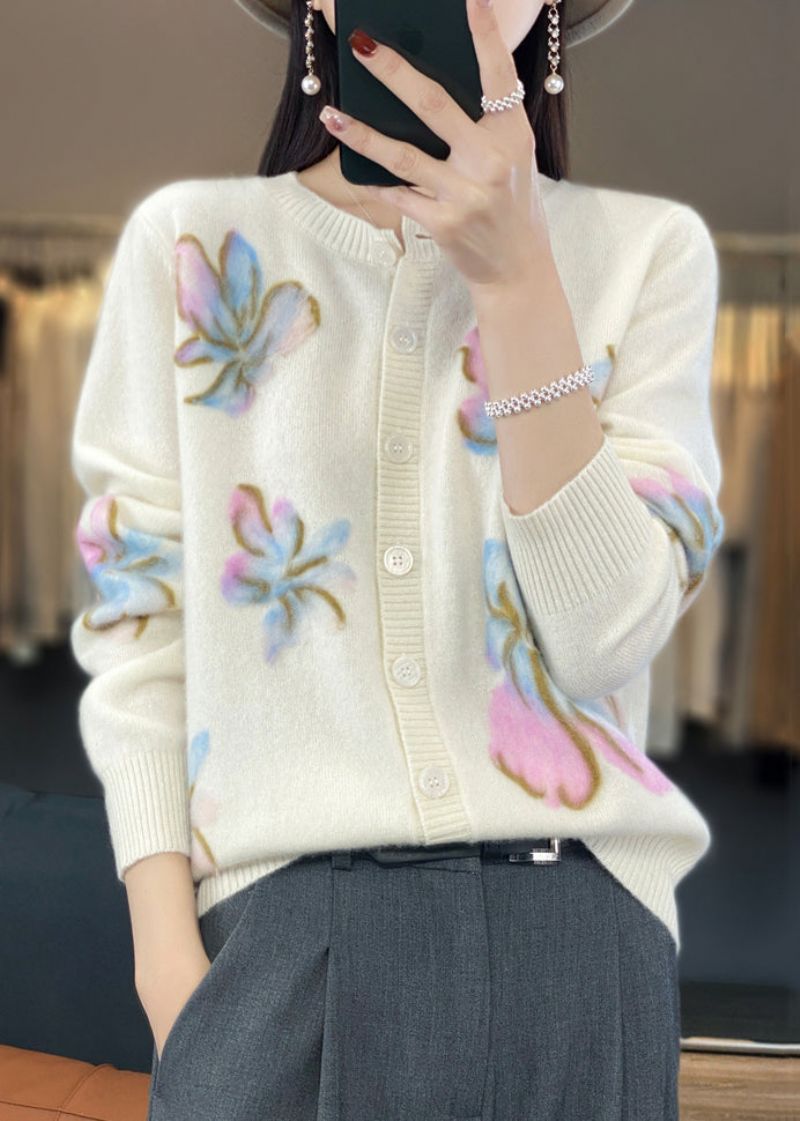 Bloemen Witte O-hals Knop Katoen Gebreide Jas Lente - Dames cardigans