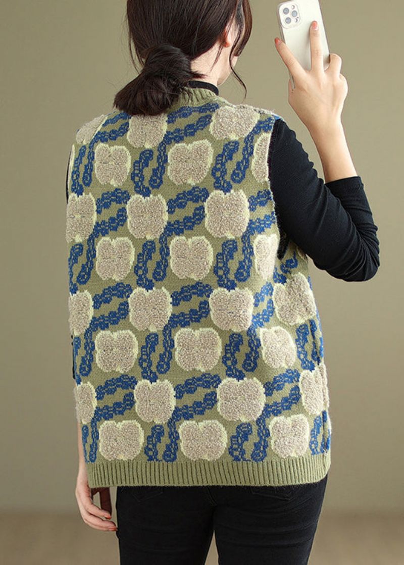 Bloemengroen V-hals Patchwork Gezellig Gebreid Vest Zonder Mouwen - Dames cardigans