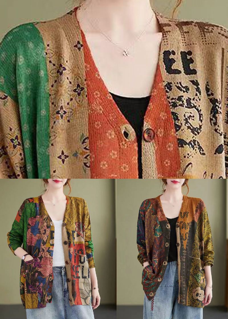 Bloemenprint Patchwork Katoenen Gebreide Jas Met V-hals En Lange Mouw - Dames cardigans