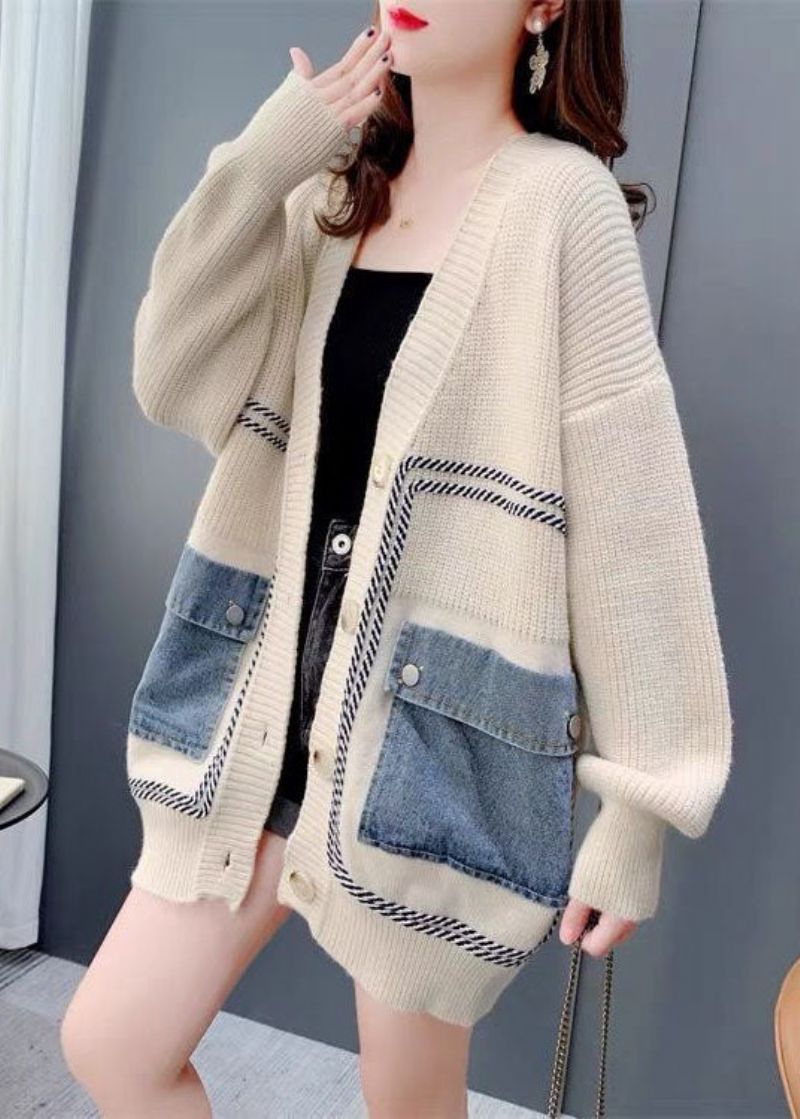 Boheems Beige Oversized Denim Patchwork Gebreid Vest Winter - Dames cardigans