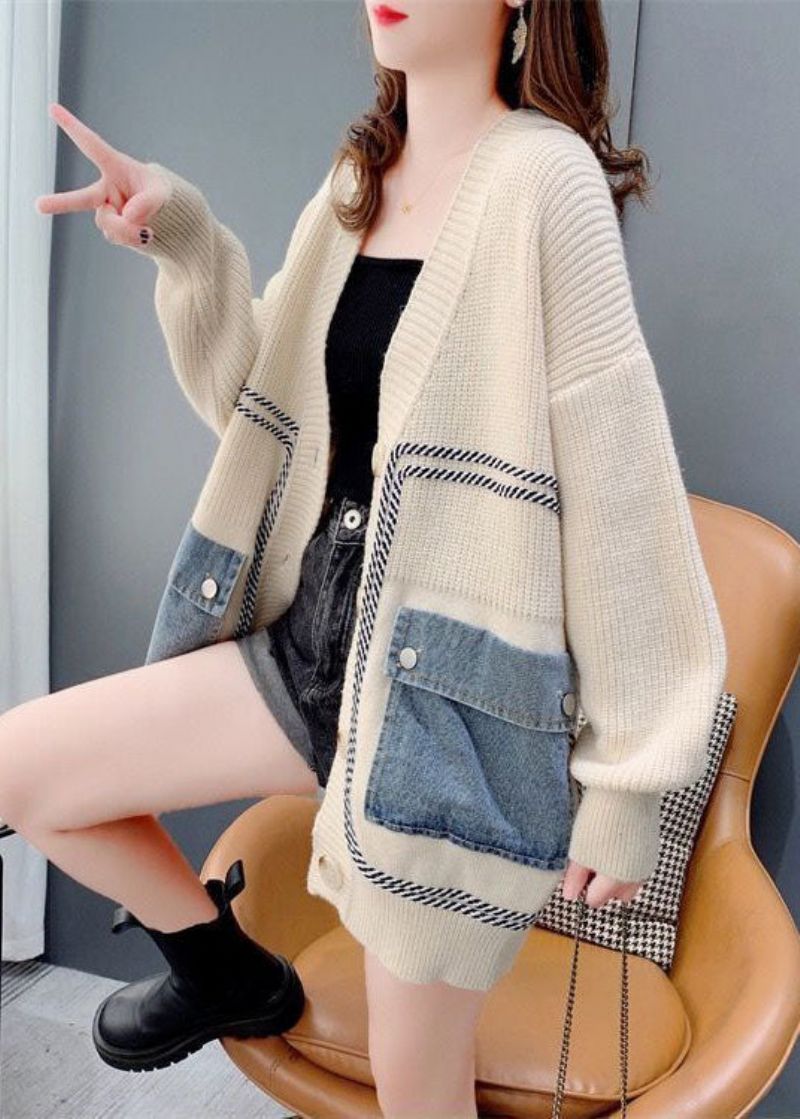 Boheems Beige Oversized Denim Patchwork Gebreid Vest Winter - Dames cardigans