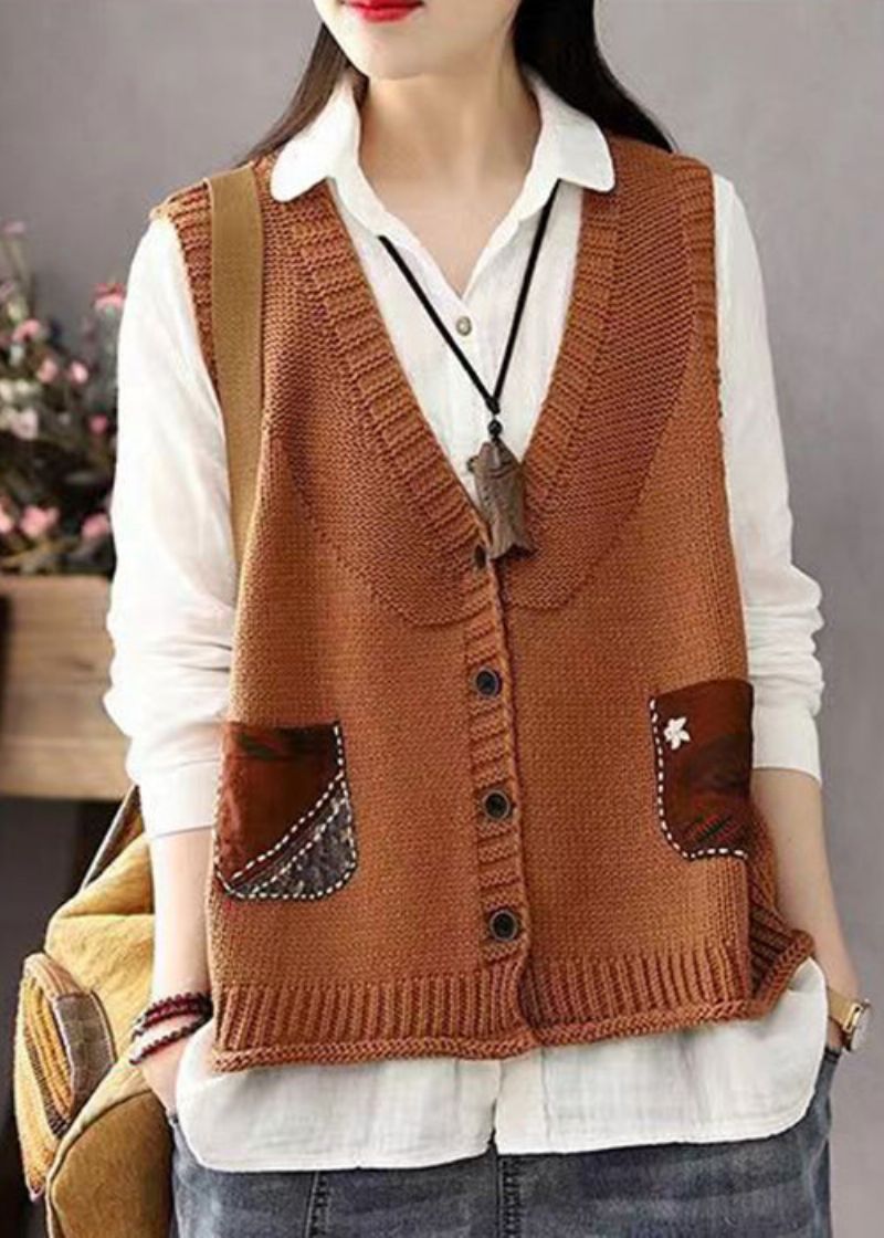 Boheems Kaki Knoopzakken Patchwork Katoenen Gebreid Vest Zonder Mouwen - Dames cardigans