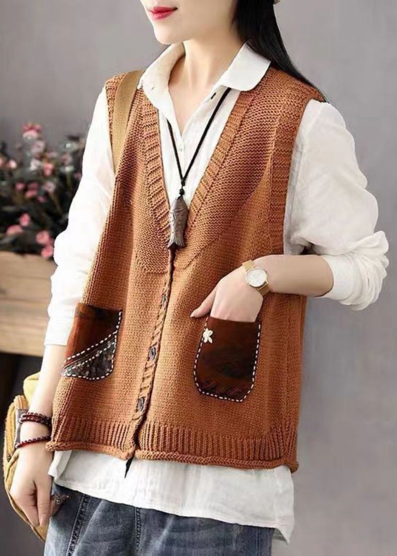 Boheems Kaki Knoopzakken Patchwork Katoenen Gebreid Vest Zonder Mouwen - Dames cardigans