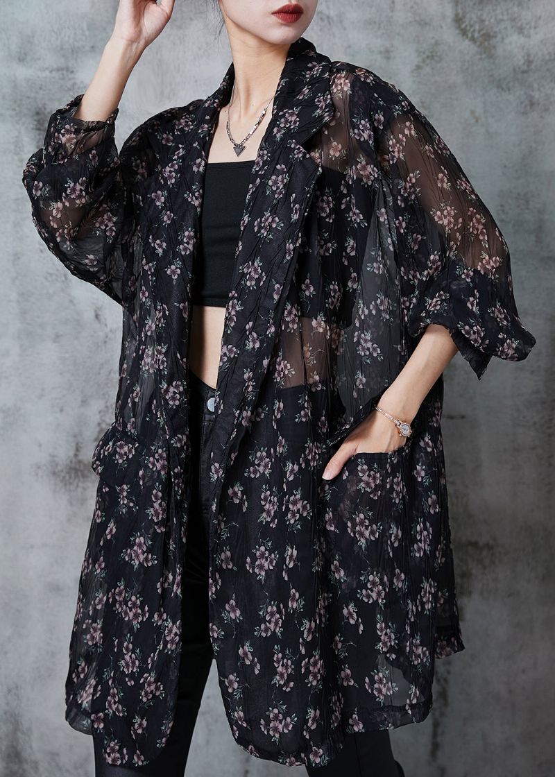 Boheems Zwart Oversized Chiffon Vest Met Print Zomer - Dames cardigans