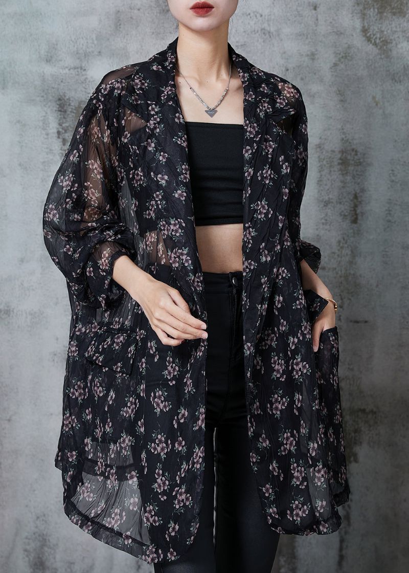 Boheems Zwart Oversized Chiffon Vest Met Print Zomer - Dames cardigans