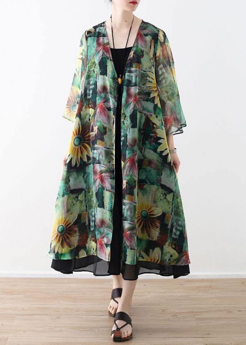 Boheemse Groene Print Lange Mouw Chiffon Lang Vest