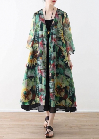 Boheemse Groene Print Lange Mouw Chiffon Lang Vest