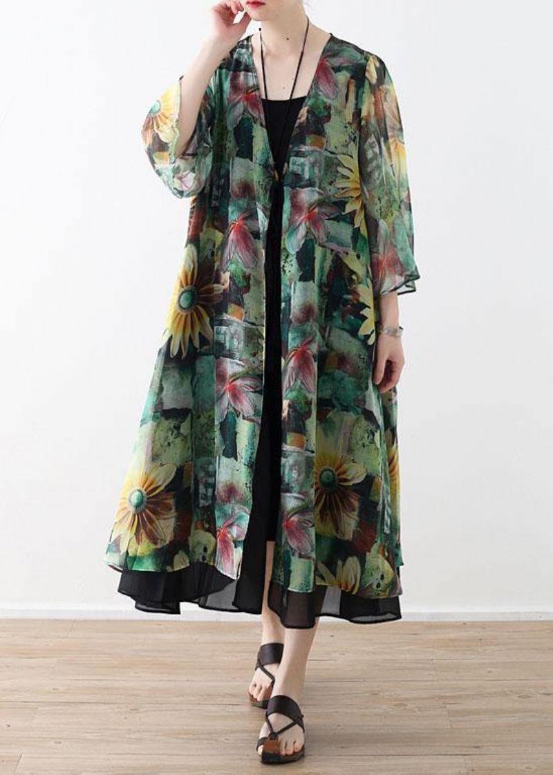 Boheemse Groene Print Lange Mouw Chiffon Lang Vest - Dames cardigans