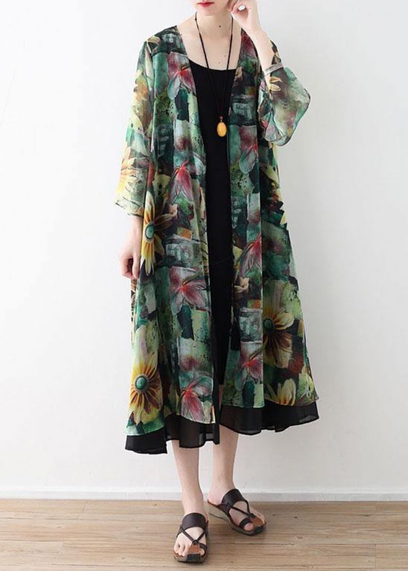 Boheemse Groene Print Lange Mouw Chiffon Lang Vest - Dames cardigans