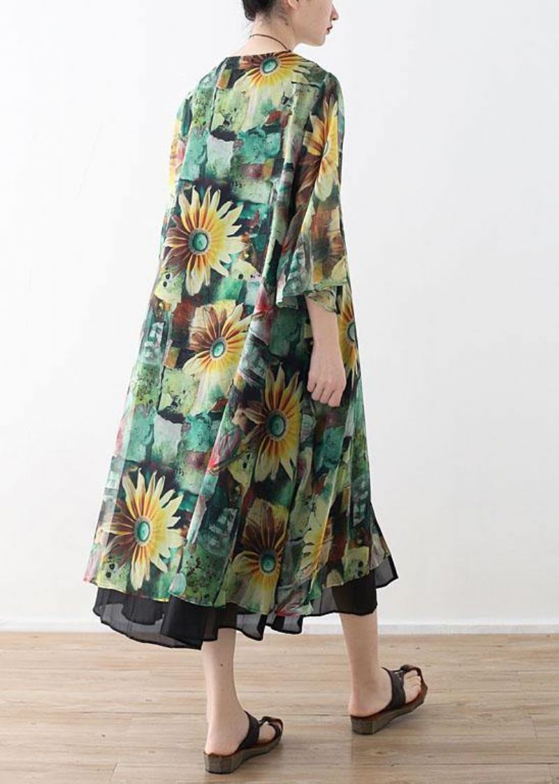 Boheemse Groene Print Lange Mouw Chiffon Lang Vest - Dames cardigans