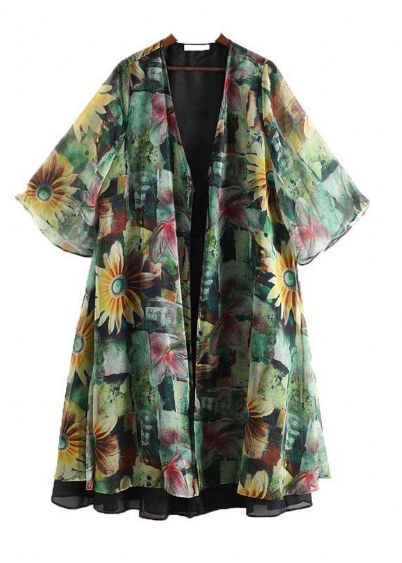 Boheemse Groene Print Lange Mouw Chiffon Lang Vest - Dames cardigans