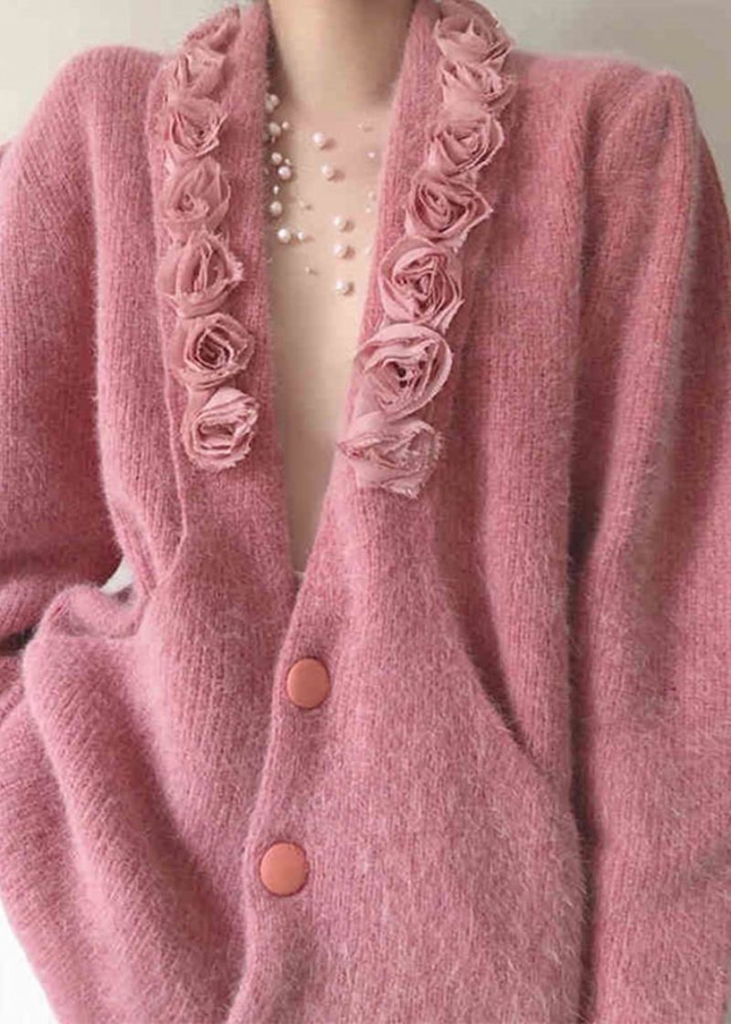 Boheemse Roze V-hals Knoop-patchwork Gebreide Katoenen Jas Herfst - Dames cardigans