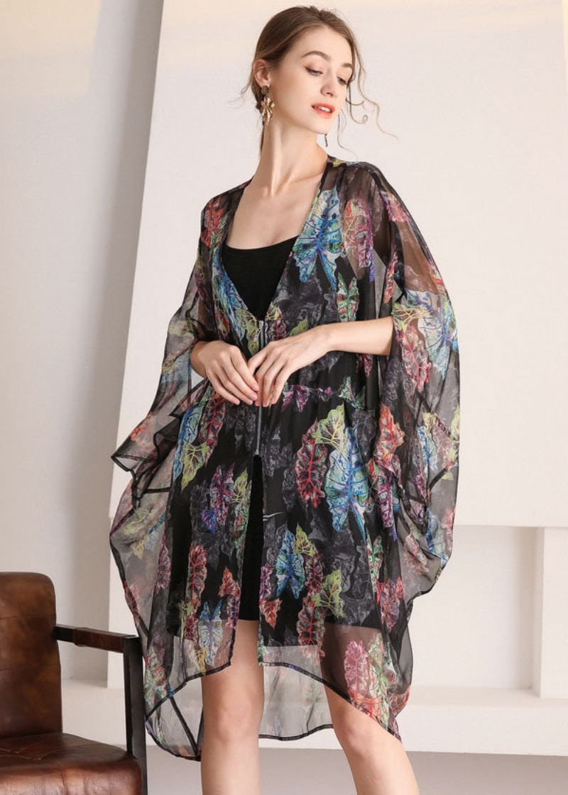 Boheemse Zwarte Oversized Print Uitgehold Tule Vest Zomer