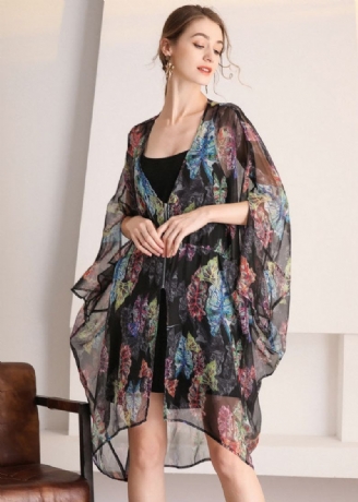 Boheemse Zwarte Oversized Print Uitgehold Tule Vest Zomer