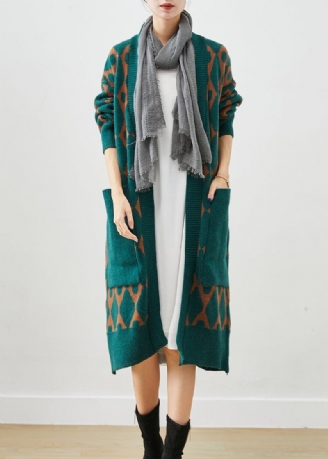 Boho Groen Oversized Gebreid Vest Met Patchworkzakken Herfst