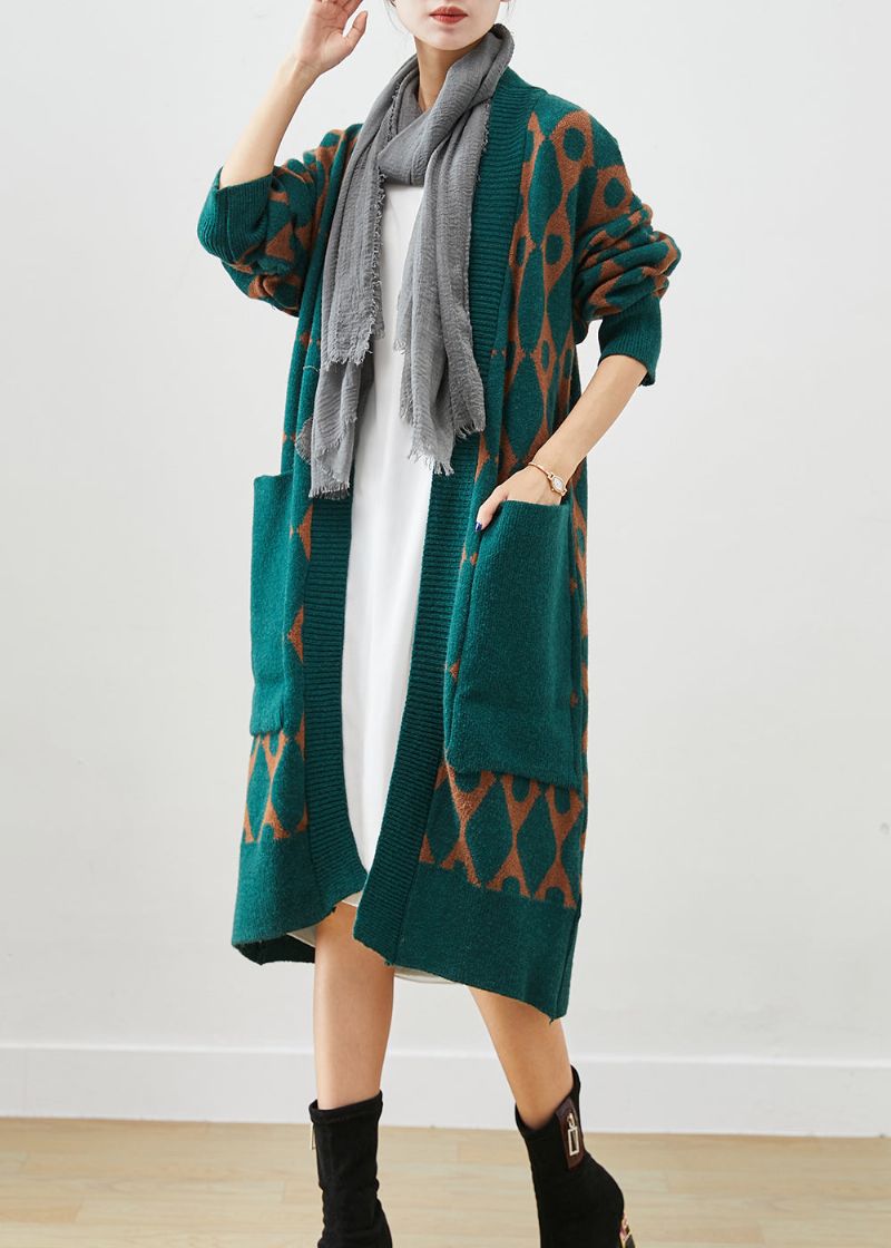 Boho Groen Oversized Gebreid Vest Met Patchworkzakken Herfst - Dames cardigans