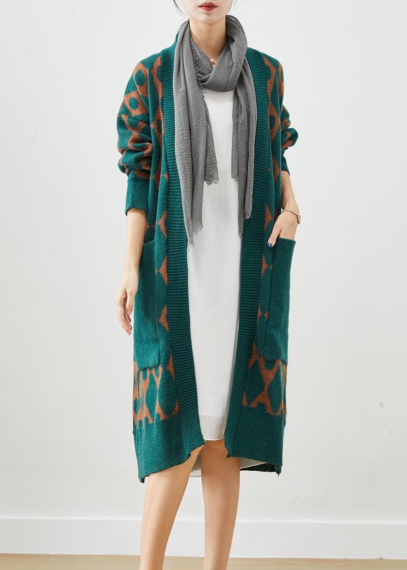 Boho Groen Oversized Gebreid Vest Met Patchworkzakken Herfst - Dames cardigans